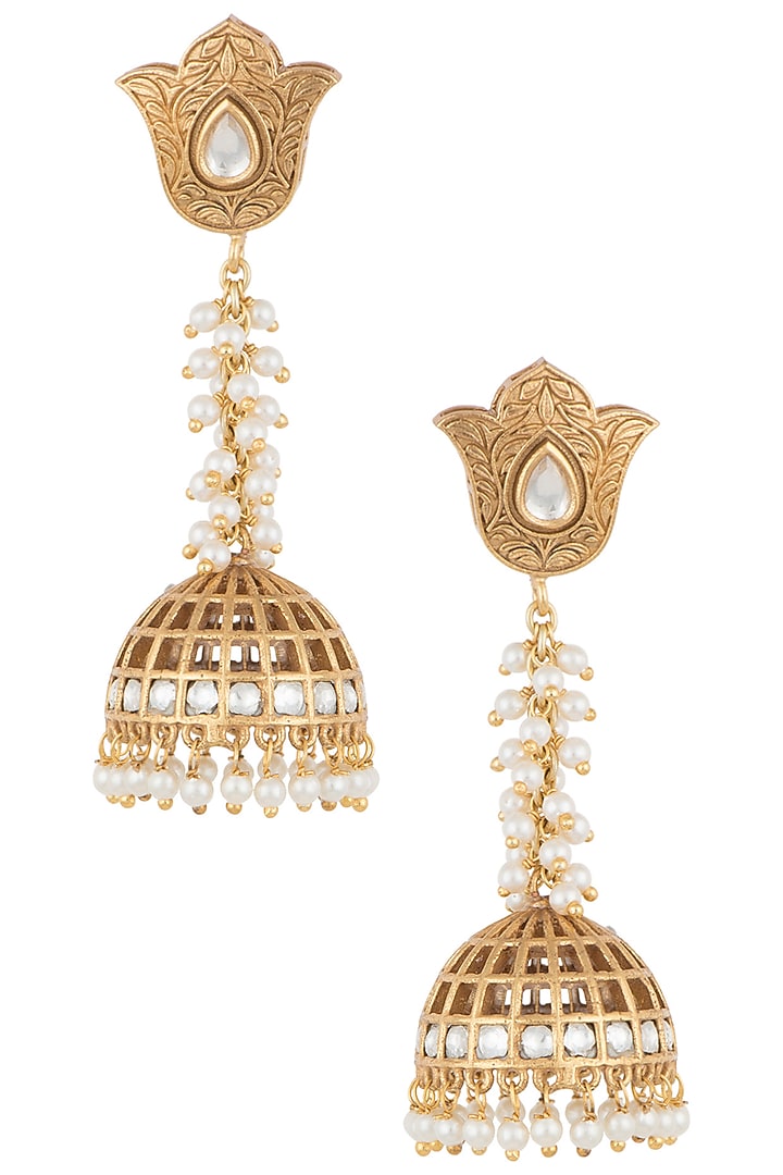 Gold Finish Kundan Polki Long Earrings by VASTRAA Jewellery at Pernia's Pop Up Shop