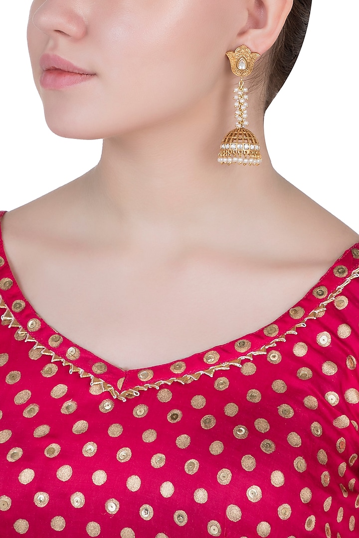 Gold Finish Kundan Polki Long Earrings by VASTRAA Jewellery