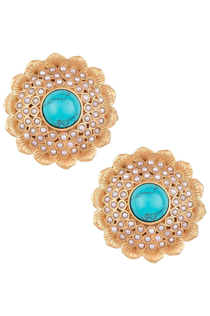 Gold Finish Turquoise Stone & Pearl Beaded Stud Earrings by VASTRAA Jewellery at Pernia's Pop Up Shop
