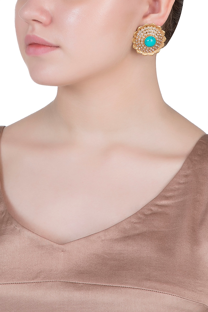 Gold Finish Turquoise Stone & Pearl Beaded Stud Earrings by VASTRAA Jewellery at Pernia's Pop Up Shop