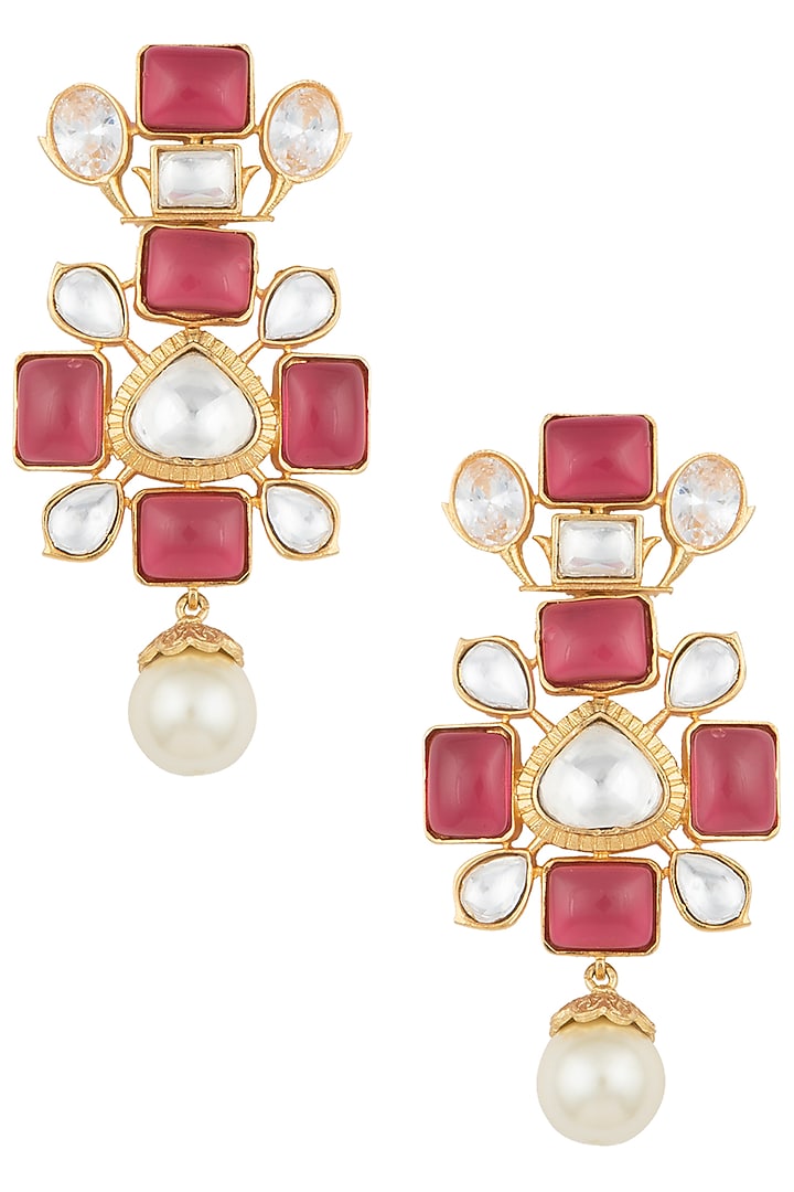 Gold Finish Ruby Stone & Kundan Polki Earrings by VASTRAA Jewellery at Pernia's Pop Up Shop