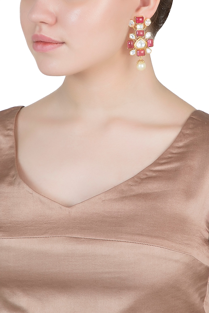 Gold Finish Ruby Stone & Kundan Polki Earrings by VASTRAA Jewellery