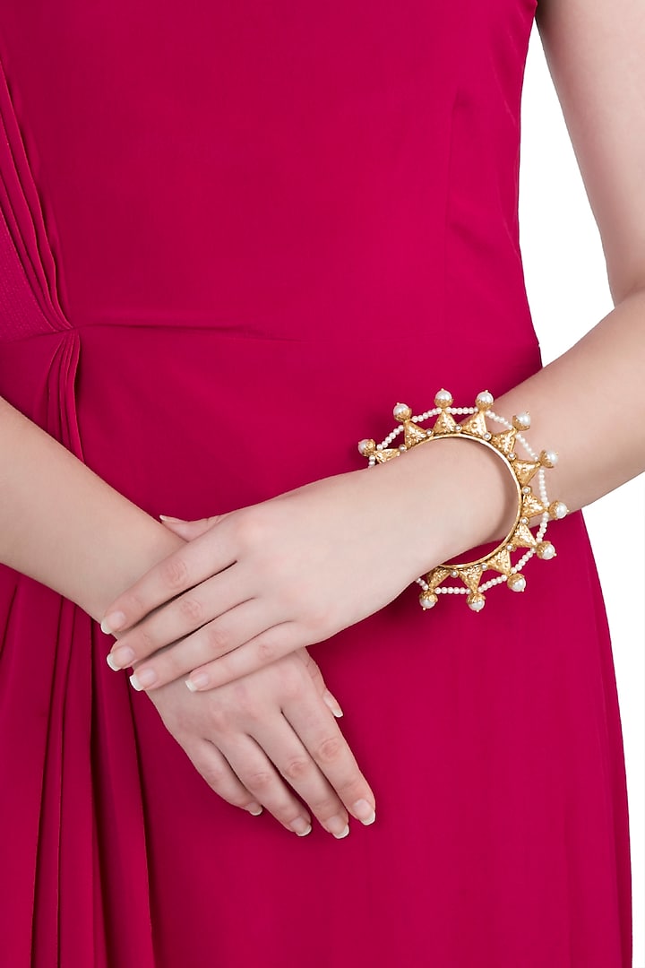 Gold Finish Pearl Bangle by VASTRAA Jewellery