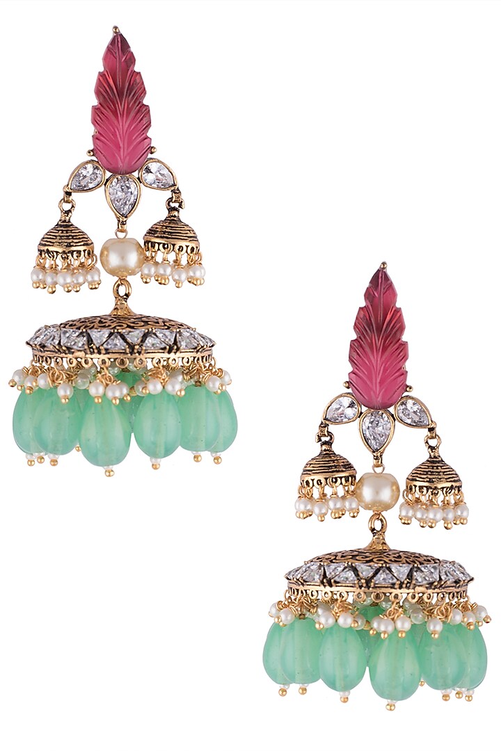Antique Gold Finish Carved Stone Jhumka Earrings by VASTRAA Jewellery at Pernia's Pop Up Shop