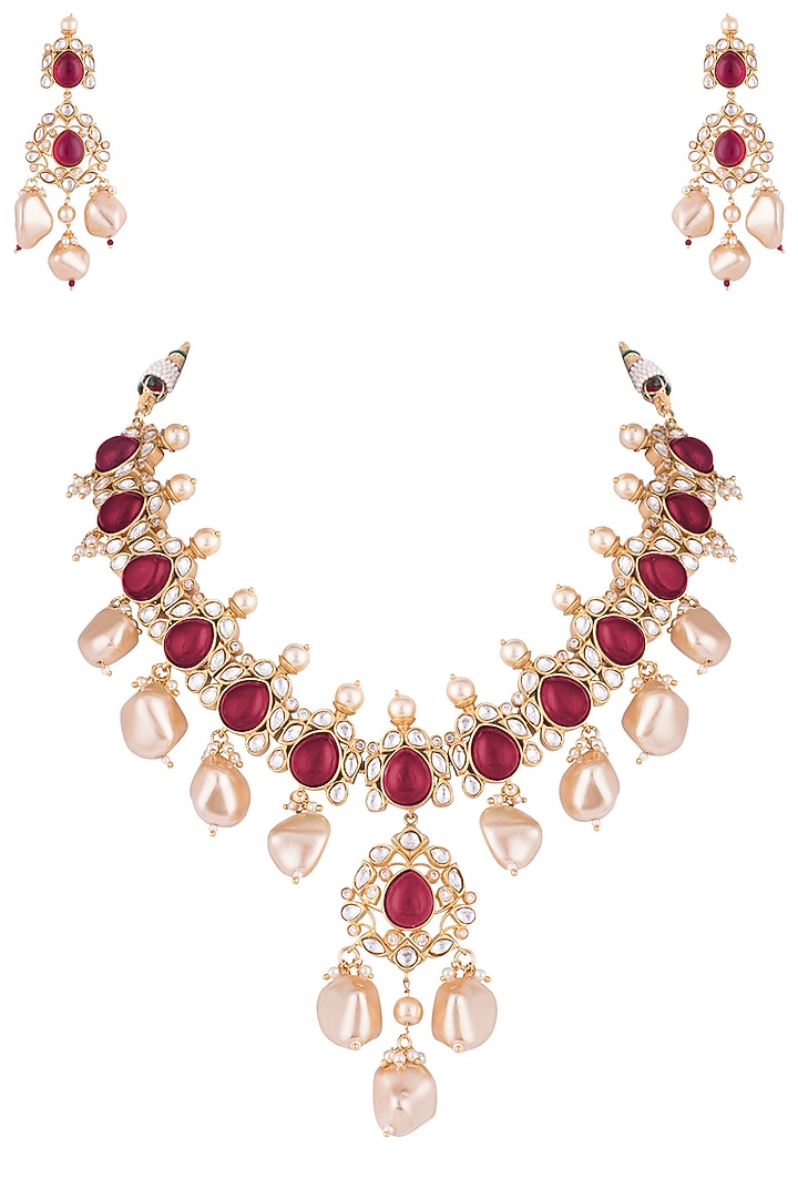 Gold Finish Ruby & Kundan Polki Necklace Set by VASTRAA Jewellery at Pernia's Pop Up Shop