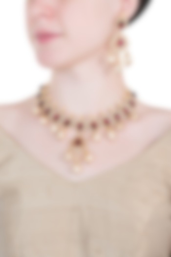 Gold Finish Ruby & Kundan Polki Necklace Set by VASTRAA Jewellery