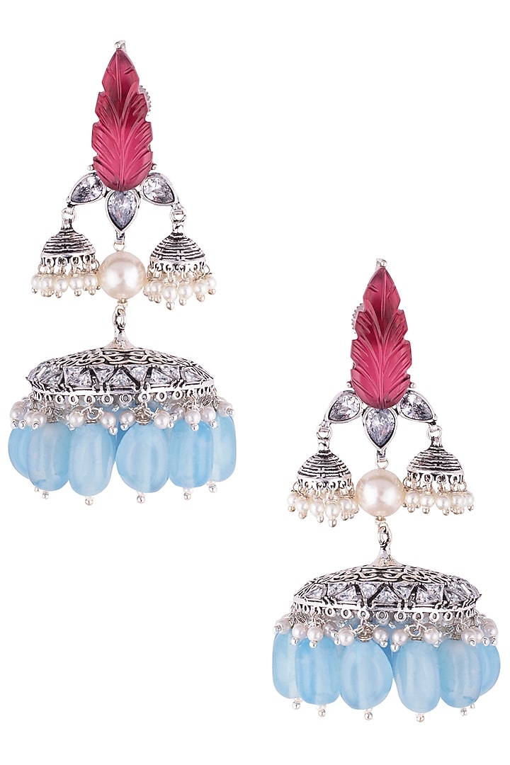 Antique Silver Finish Carved Stone Jhumka Earrings by VASTRAA Jewellery at Pernia's Pop Up Shop