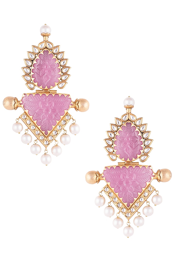 Gold Finish Faux Rose Quartz & Pearl Earrings by VASTRAA Jewellery at Pernia's Pop Up Shop