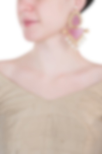 Gold Finish Faux Rose Quartz & Pearl Earrings  by VASTRAA Jewellery