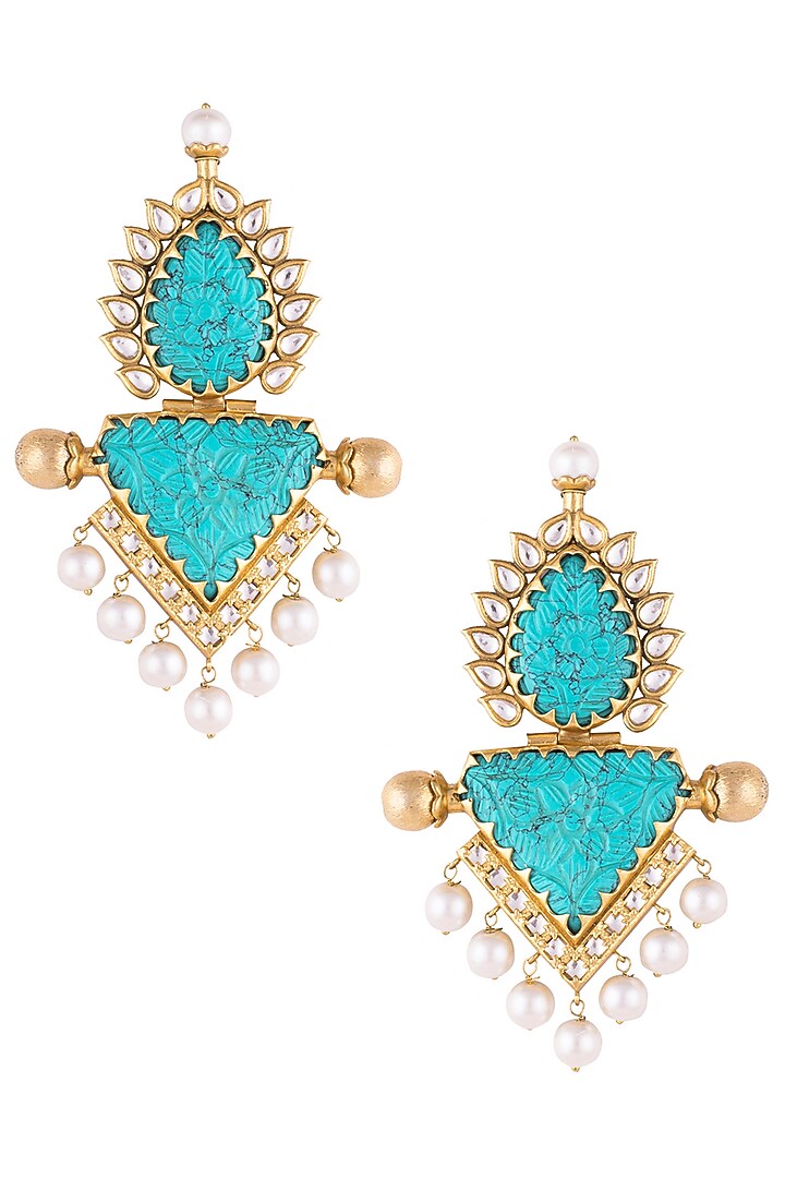Gold Finish Turquoise Stone & Pearl Earrings by VASTRAA Jewellery at Pernia's Pop Up Shop
