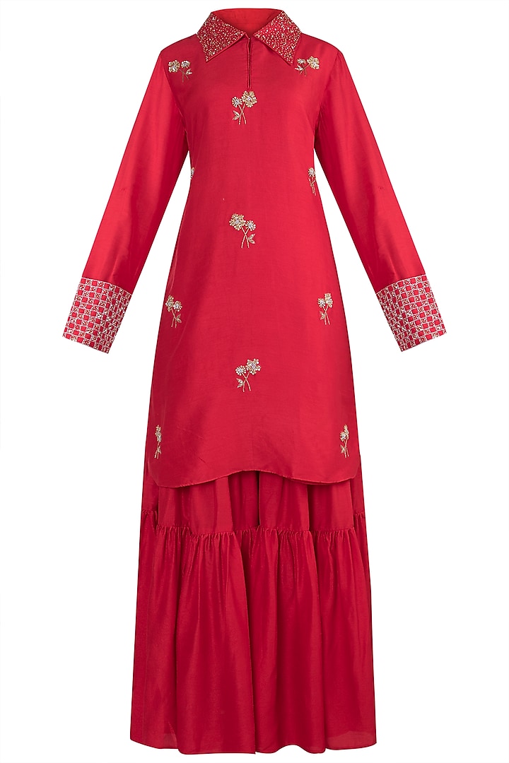 Red embroidered sharara set by VASTRAA