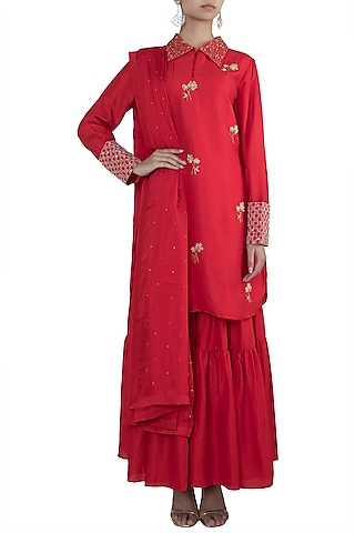 Red embroidered sharara set by VASTRAA