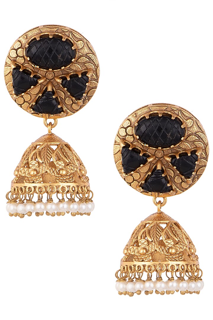 Gold Finish Smoky Quartz & Pearl Jhumka Earrings by VASTRAA Jewellery at Pernia's Pop Up Shop