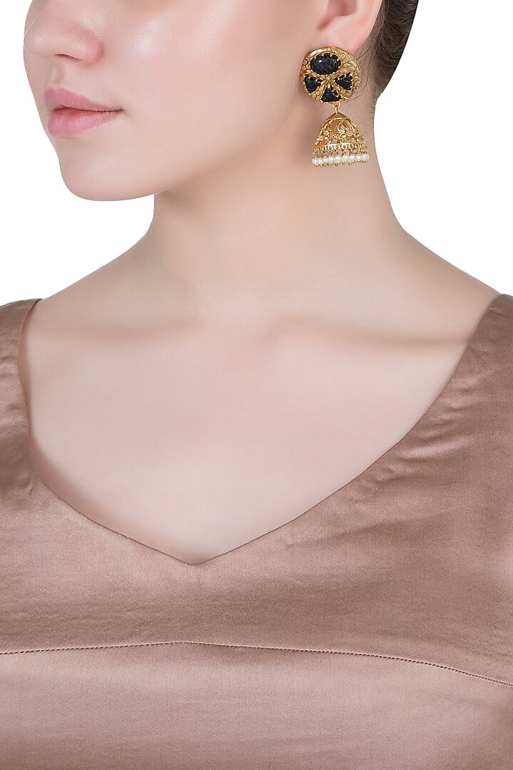 Gold Finish Smoky Quartz & Pearl Jhumka Earrings by VASTRAA Jewellery at Pernia's Pop Up Shop