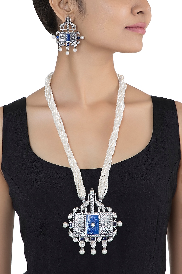 Antique Silver Finish Lapis Lazuli & Kundan Polki Necklace Set by VASTRAA Jewellery