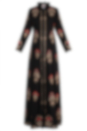 Black Hand Embroidered Long Jacket With Maxi Skirt by Varsha Wadhwa