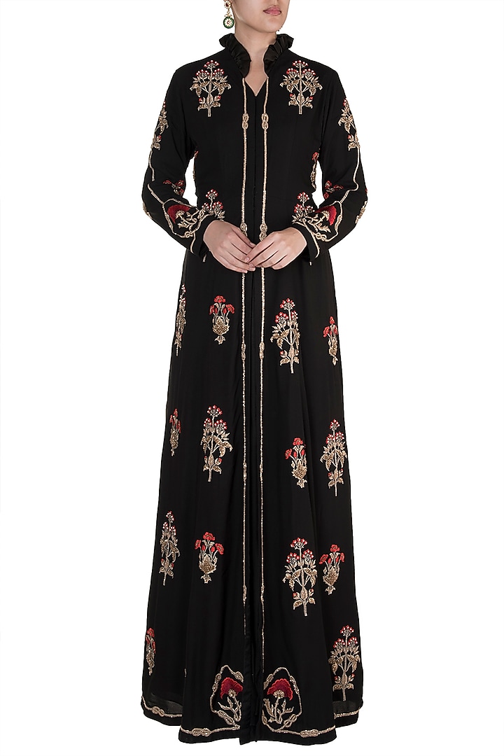 Black Hand Embroidered Long Jacket With Maxi Skirt by Varsha Wadhwa at Pernia's Pop Up Shop