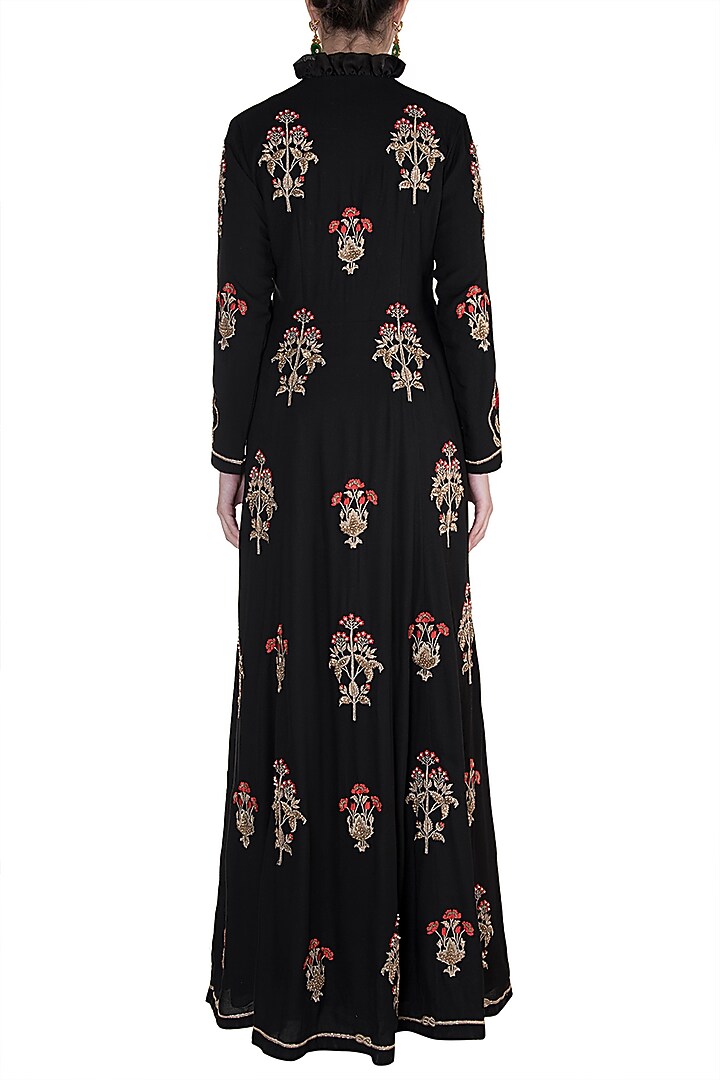 Black Hand Embroidered Long Jacket With Maxi Skirt by Varsha Wadhwa at Pernia's Pop Up Shop