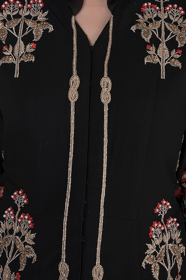 Black Hand Embroidered Long Jacket With Maxi Skirt by Varsha Wadhwa at Pernia's Pop Up Shop