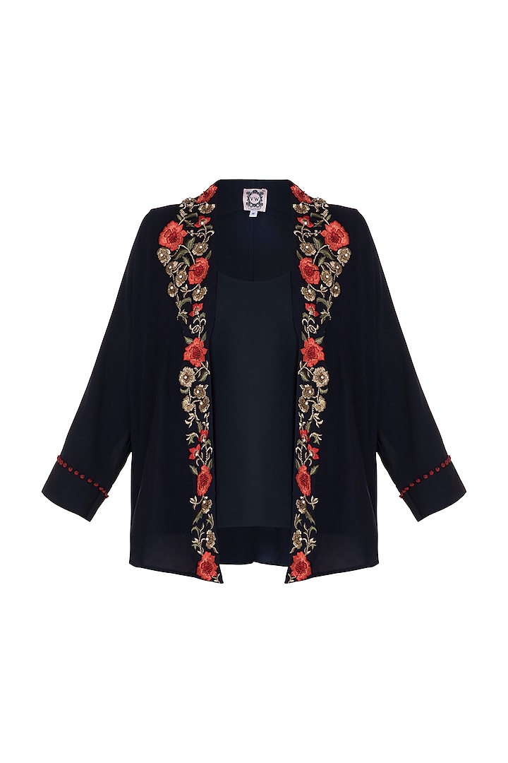 Midnight Blue Hand Embroidered Open Jacket With Camisole by Varsha Wadhwa