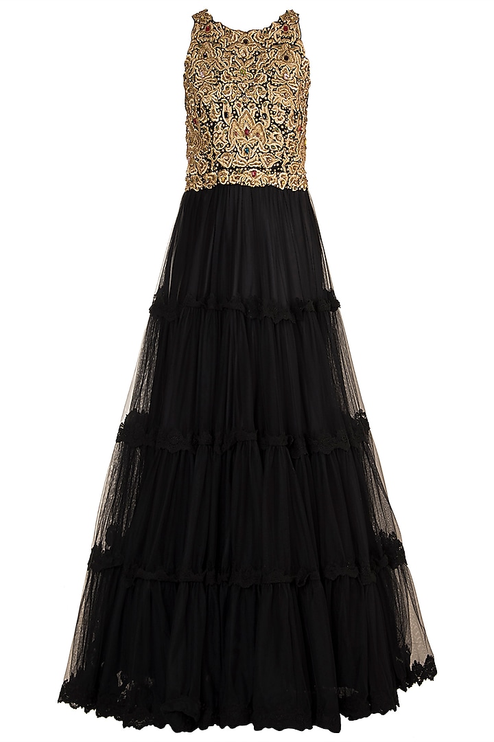 Black Embroidered Tiered Gown by Varsha Wadhwa