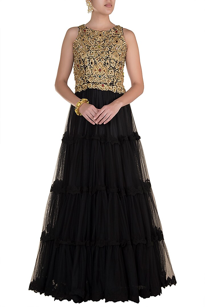 Black Embroidered Tiered Engagement Gown by Varsha Wadhwa at Pernia's Pop Up Shop