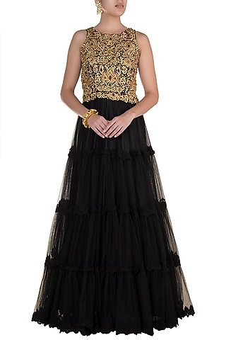 Black Embroidered Tiered Gown by Varsha Wadhwa