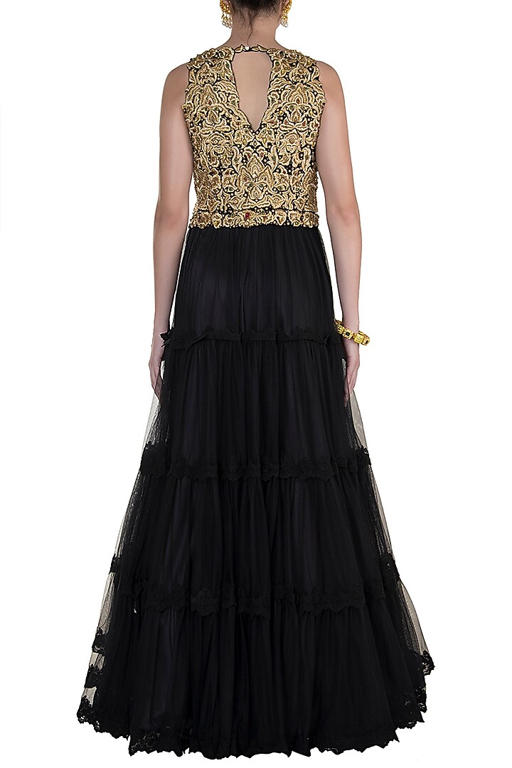 Black Embroidered Tiered Engagement Gown by Varsha Wadhwa at Pernia's Pop Up Shop