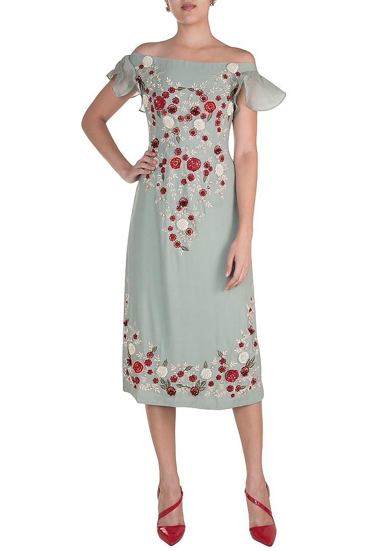 Ice Blue Embroidered Floral Midi Cocktail Dress by Varsha Wadhwa at Pernia's Pop Up Shop