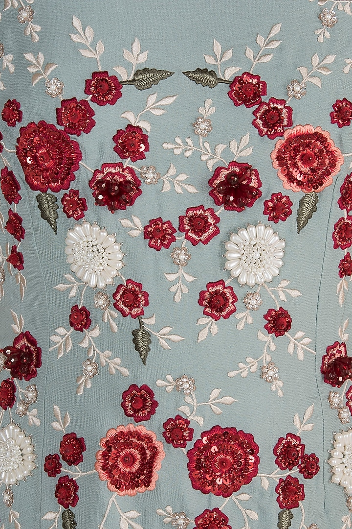 Ice Blue Embroidered Floral Midi Cocktail Dress by Varsha Wadhwa at Pernia's Pop Up Shop