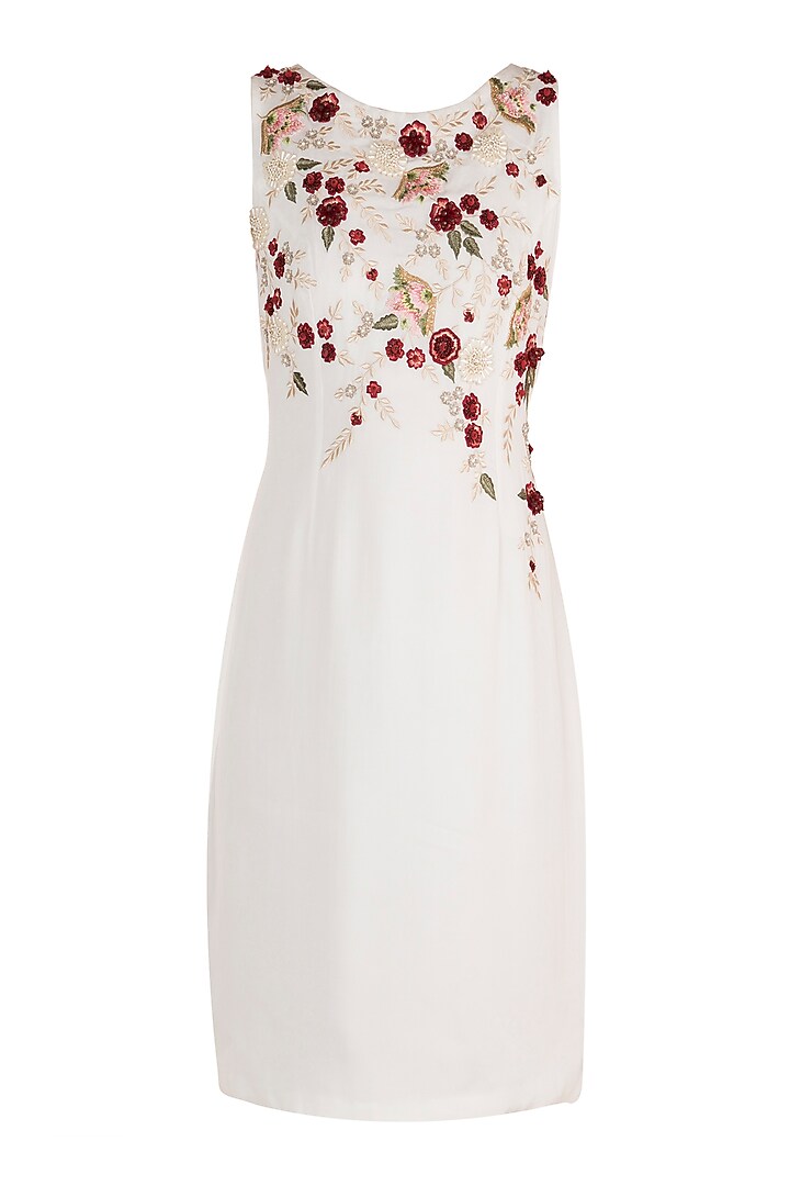 White Hand Embroidered Floral Shift Dress by Varsha Wadhwa