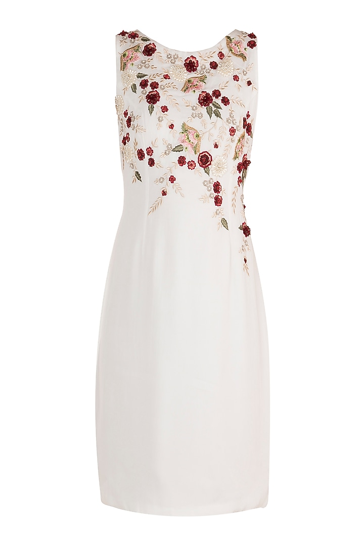 White Hand Embroidered Floral Shift Vacation Dress by Varsha Wadhwa at Pernia's Pop Up Shop