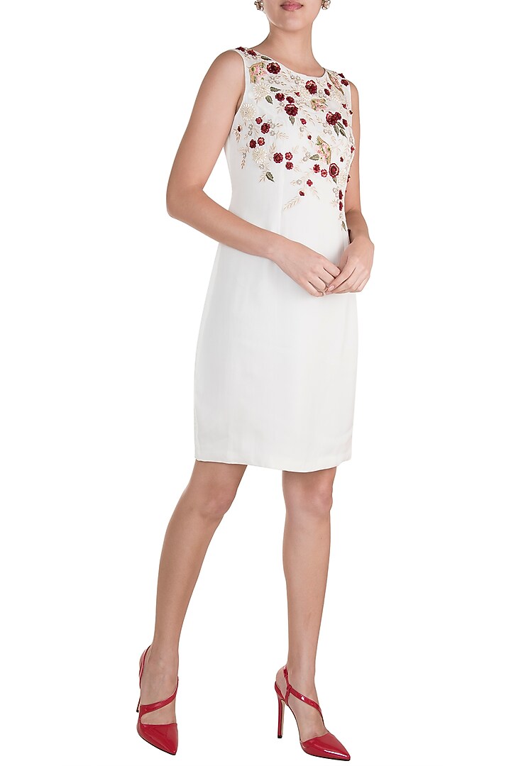 White Hand Embroidered Floral Shift Vacation Dress by Varsha Wadhwa at Pernia's Pop Up Shop