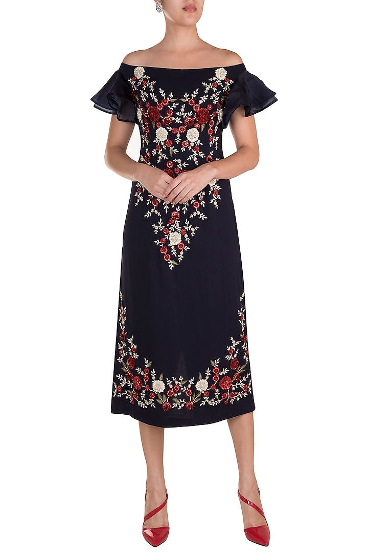 Midnight Blue Embroidered Floral Midi Cocktail Dress by Varsha Wadhwa at Pernia's Pop Up Shop