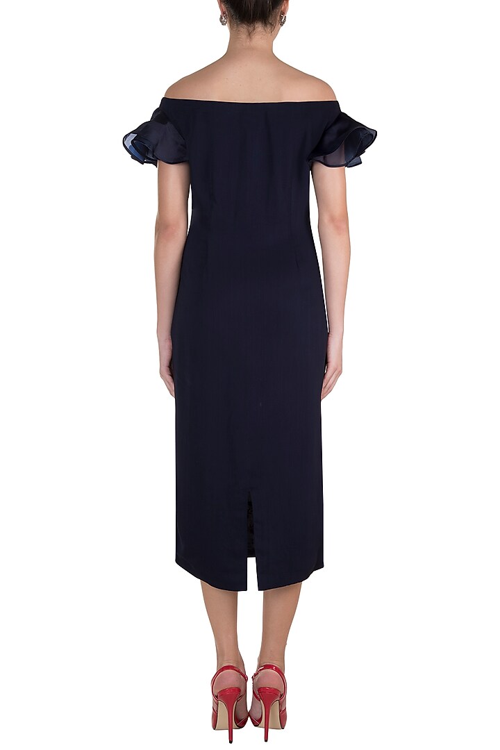 Midnight Blue Embroidered Floral Midi Cocktail Dress by Varsha Wadhwa at Pernia's Pop Up Shop