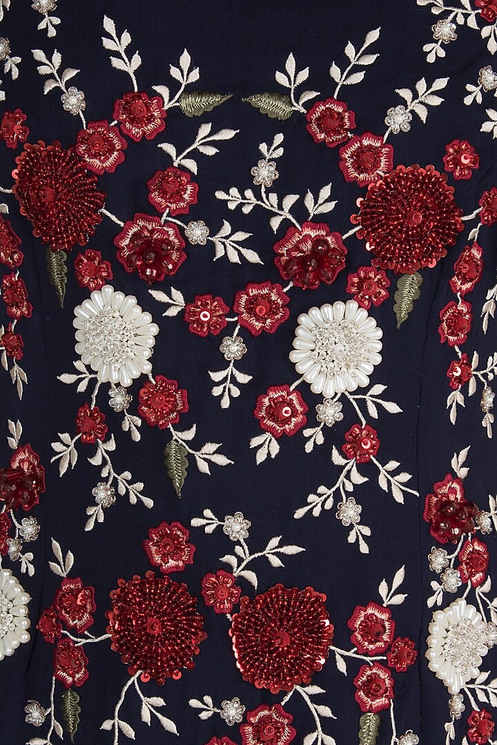 Midnight Blue Embroidered Floral Midi Cocktail Dress by Varsha Wadhwa at Pernia's Pop Up Shop