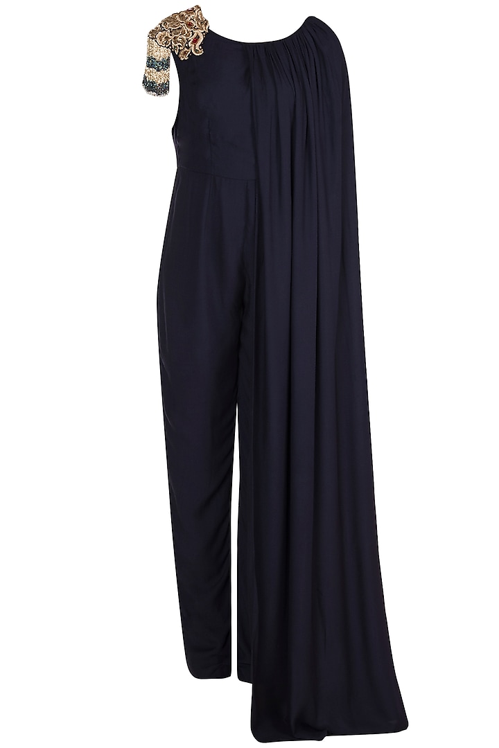 Midnight Blue Embroidered Caped Jumpsuit by Varsha Wadhwa