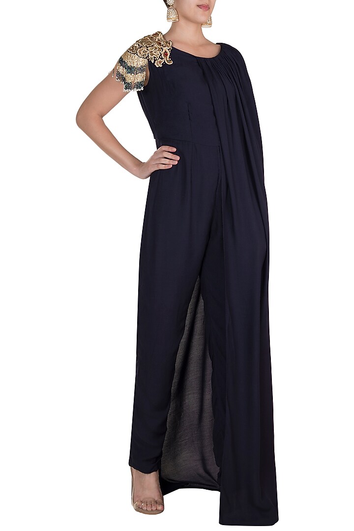 Midnight Blue Embroidered Caped Jumpsuit by Varsha Wadhwa at Pernia's Pop Up Shop