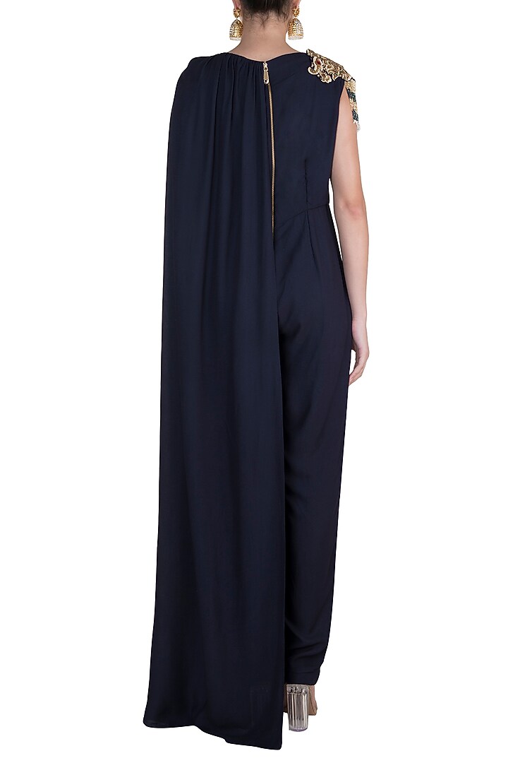 Midnight Blue Embroidered Caped Jumpsuit by Varsha Wadhwa at Pernia's Pop Up Shop