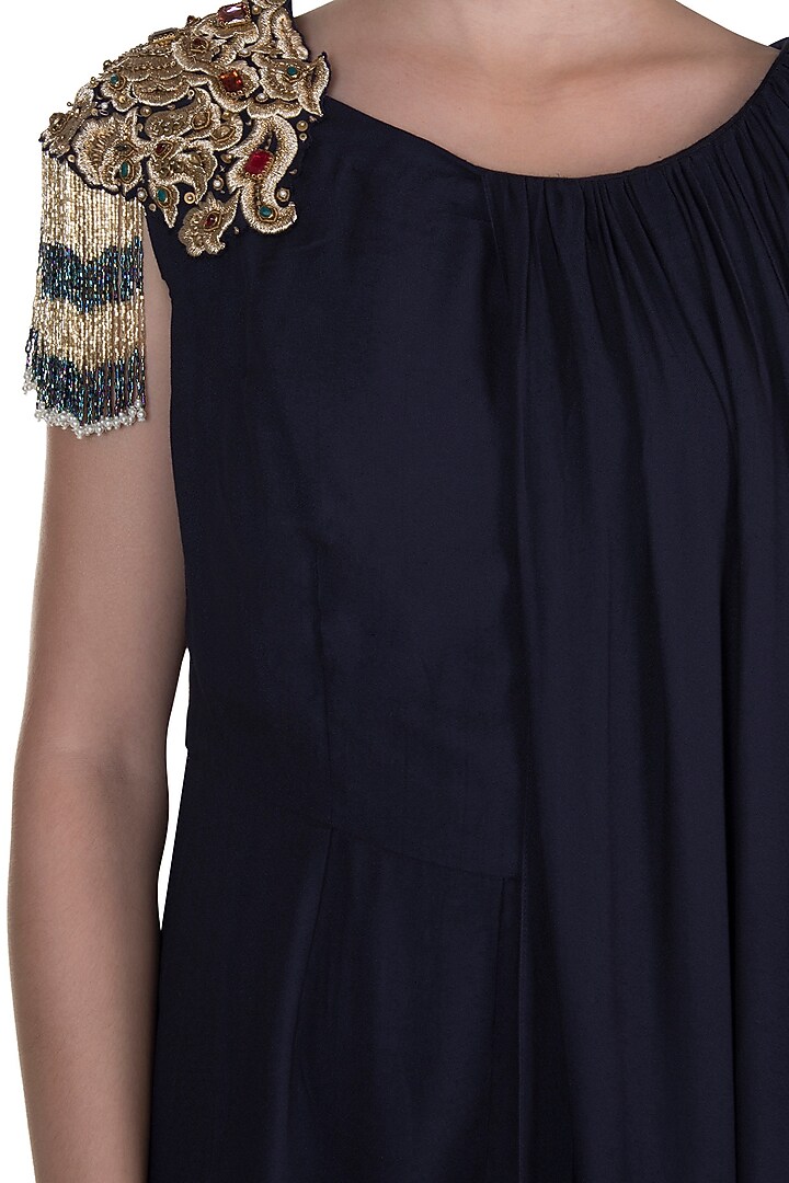 Midnight Blue Embroidered Caped Jumpsuit by Varsha Wadhwa at Pernia's Pop Up Shop