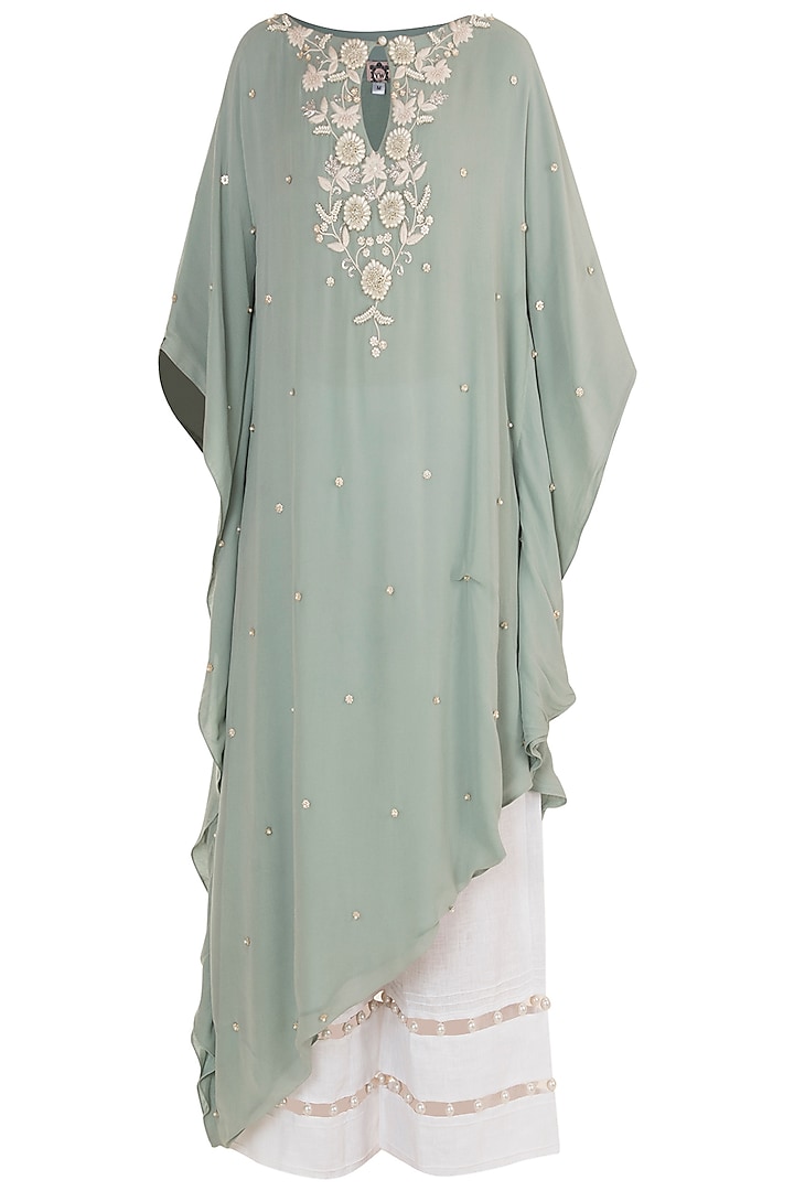 Blue Hand Embroidered Kaftan With Cropped Pants by Varsha Wadhwa