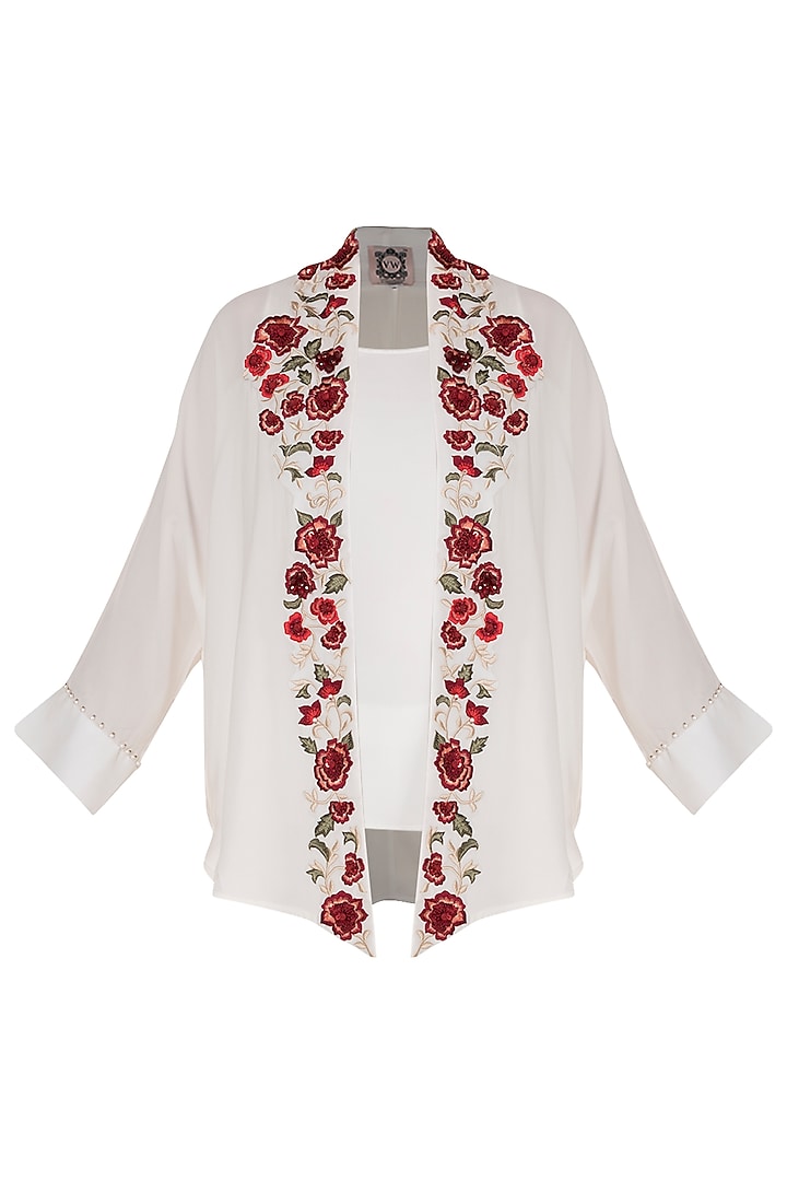 White Hand Embroidered Open Jacket With Camisole by Varsha Wadhwa