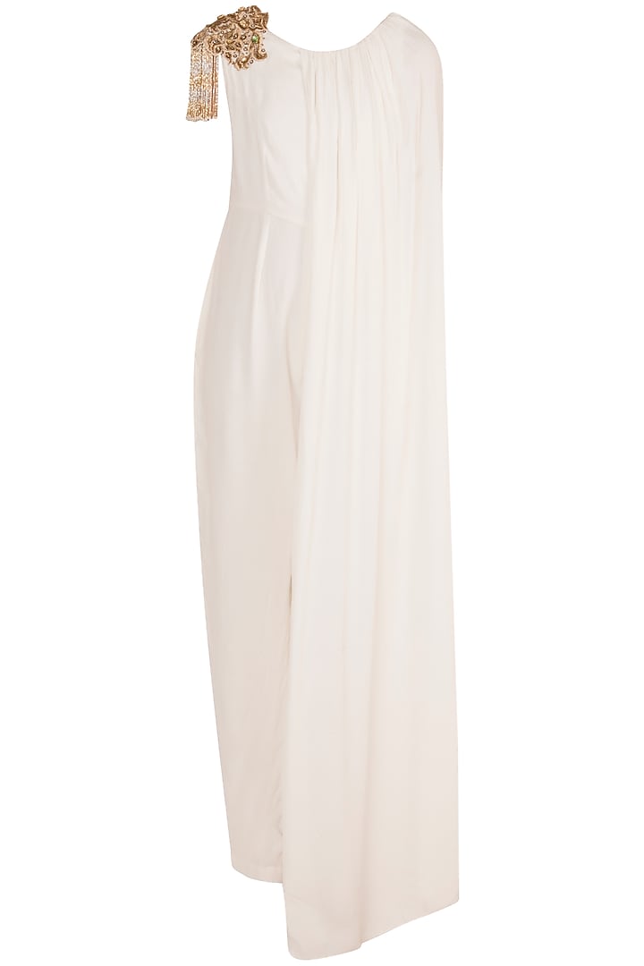 White Embroidered Caped Jumpsuit by Varsha Wadhwa