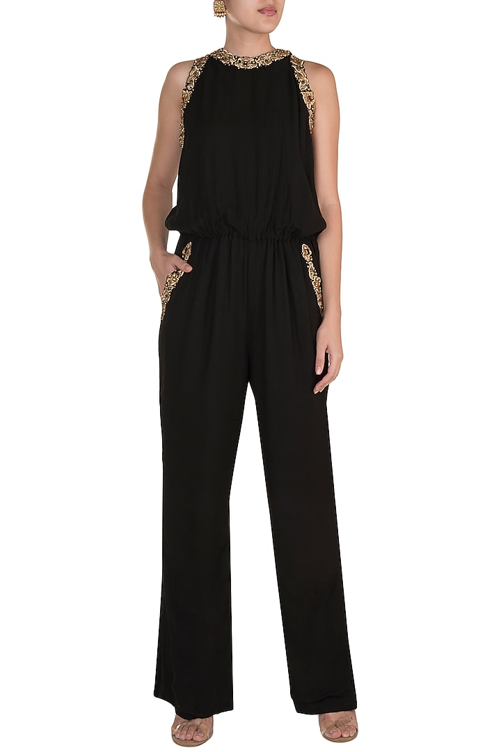 Black Embroidered Sleeveless Jumpsuit by Varsha Wadhwa at Pernia's Pop Up Shop