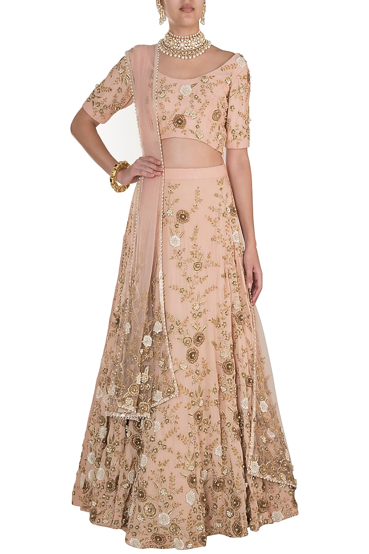Tea Rose Embroidered Lehenga Set by Varsha Wadhwa at Pernia's Pop Up Shop