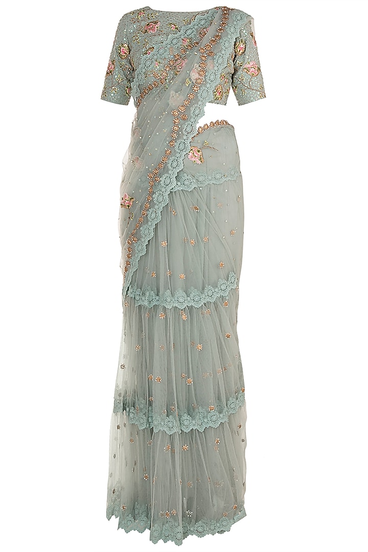 Ice Blue Embroidered Reception Saree Set by Varsha Wadhwa at Pernia's Pop Up Shop