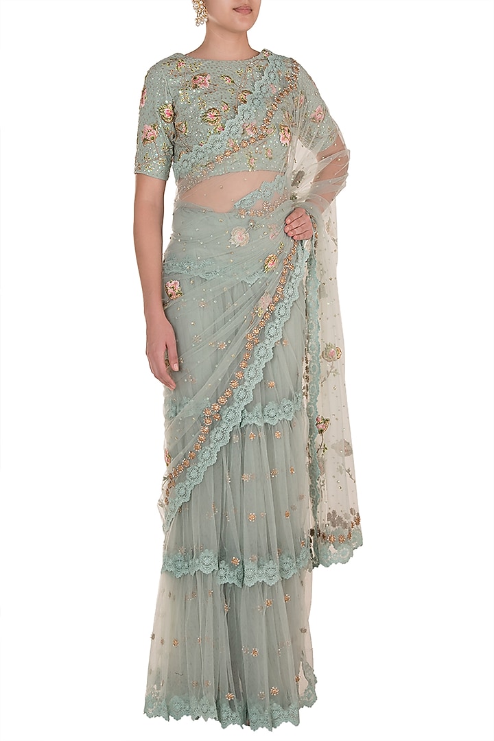 Ice Blue Embroidered Reception Saree Set by Varsha Wadhwa at Pernia's Pop Up Shop