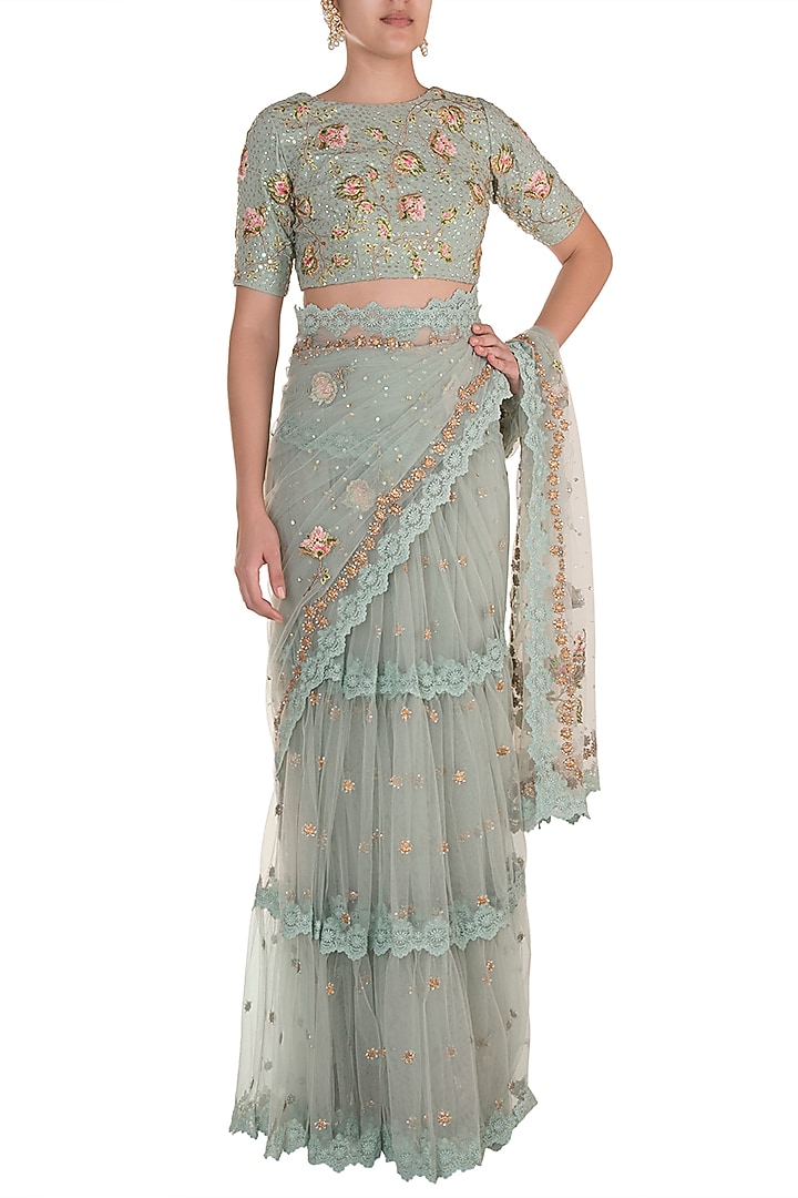 Ice Blue Embroidered Reception Saree Set by Varsha Wadhwa at Pernia's Pop Up Shop