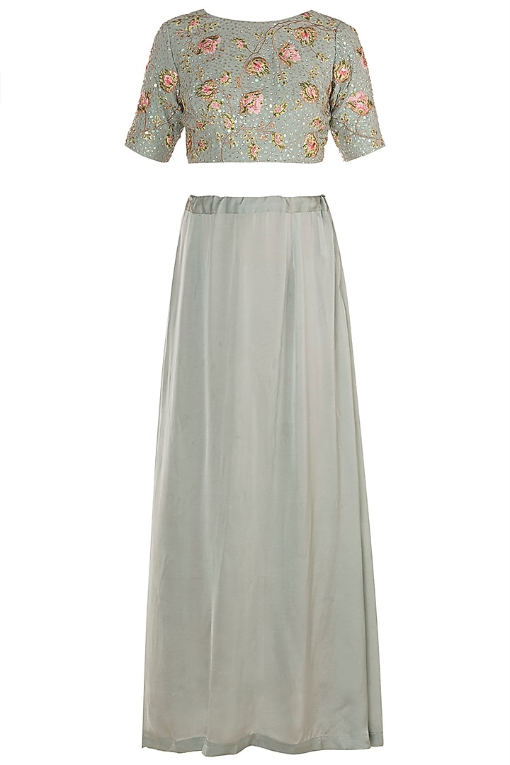 Ice Blue Embroidered Reception Saree Set by Varsha Wadhwa at Pernia's Pop Up Shop