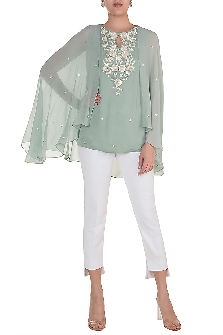 Ice Blue Embroidered Cape Top by Varsha Wadhwa at Pernia's Pop Up Shop
